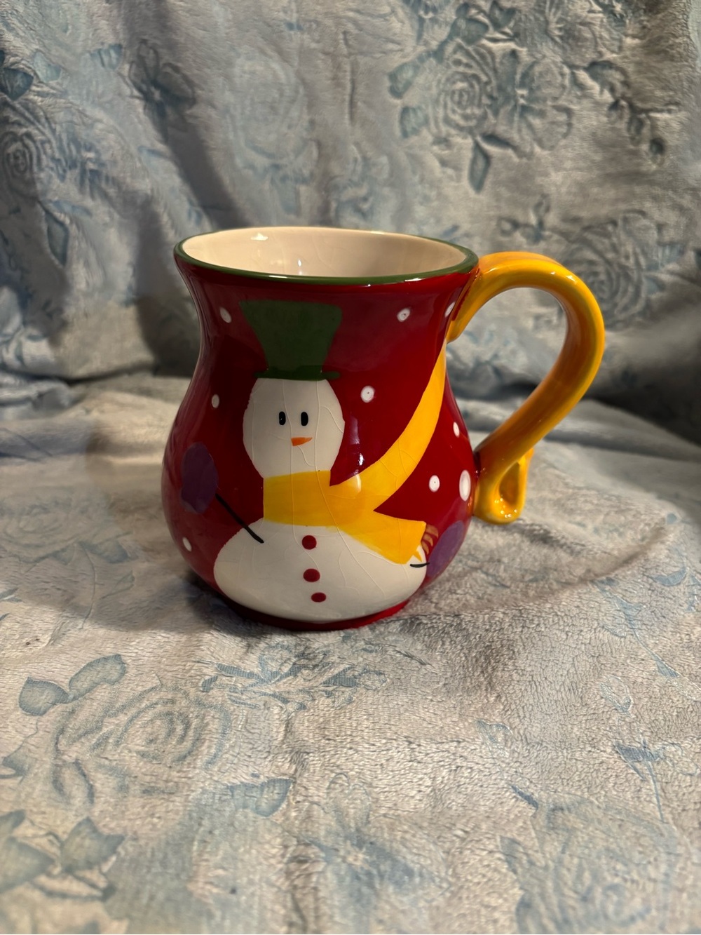 Pier 1 Red Snowman Ceramic Mug with Yellow Handle